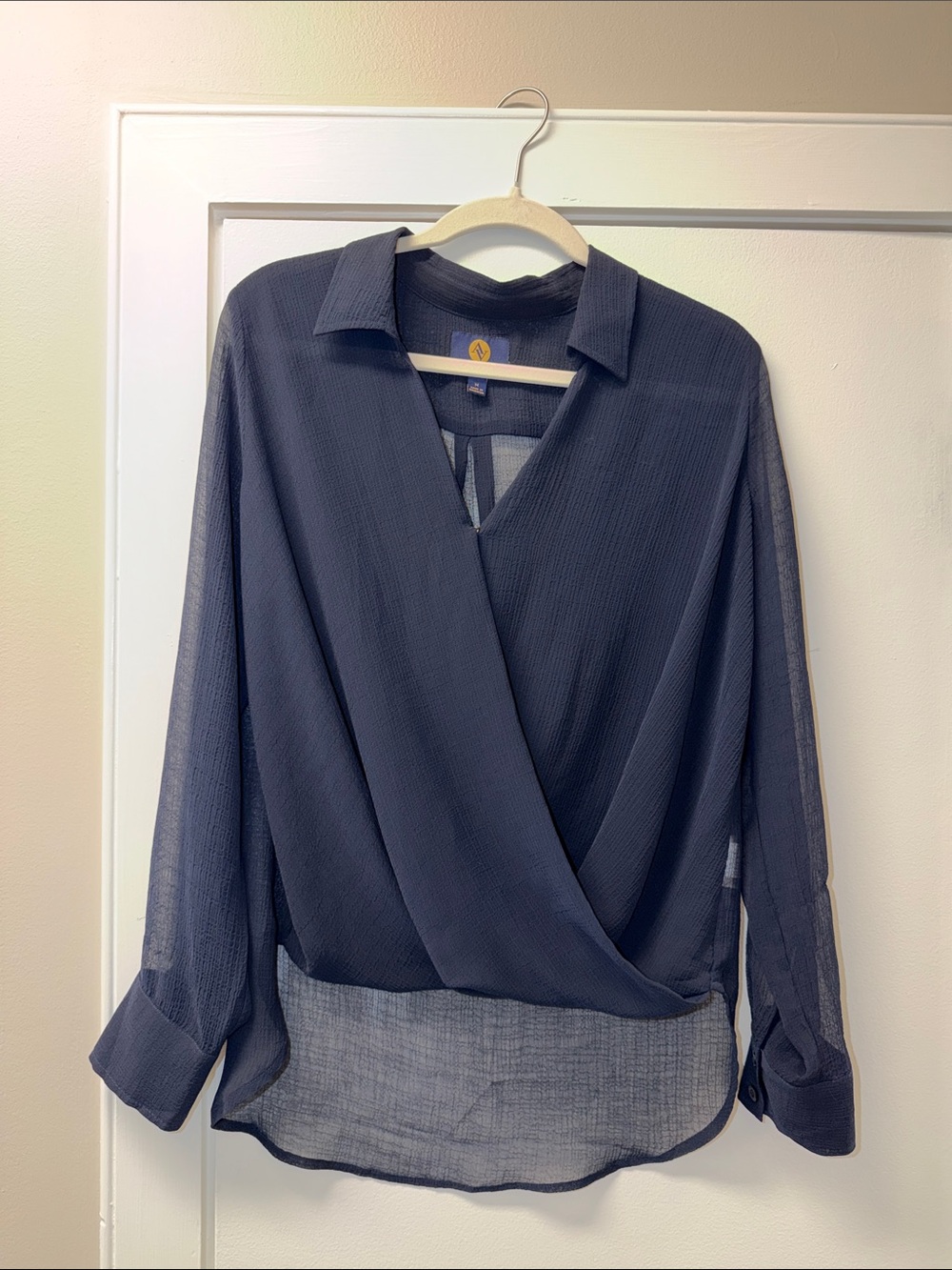 “Adrienne Vittadini Navy Blue Textured Sheer Wrap Blouse Top, Size Medium”